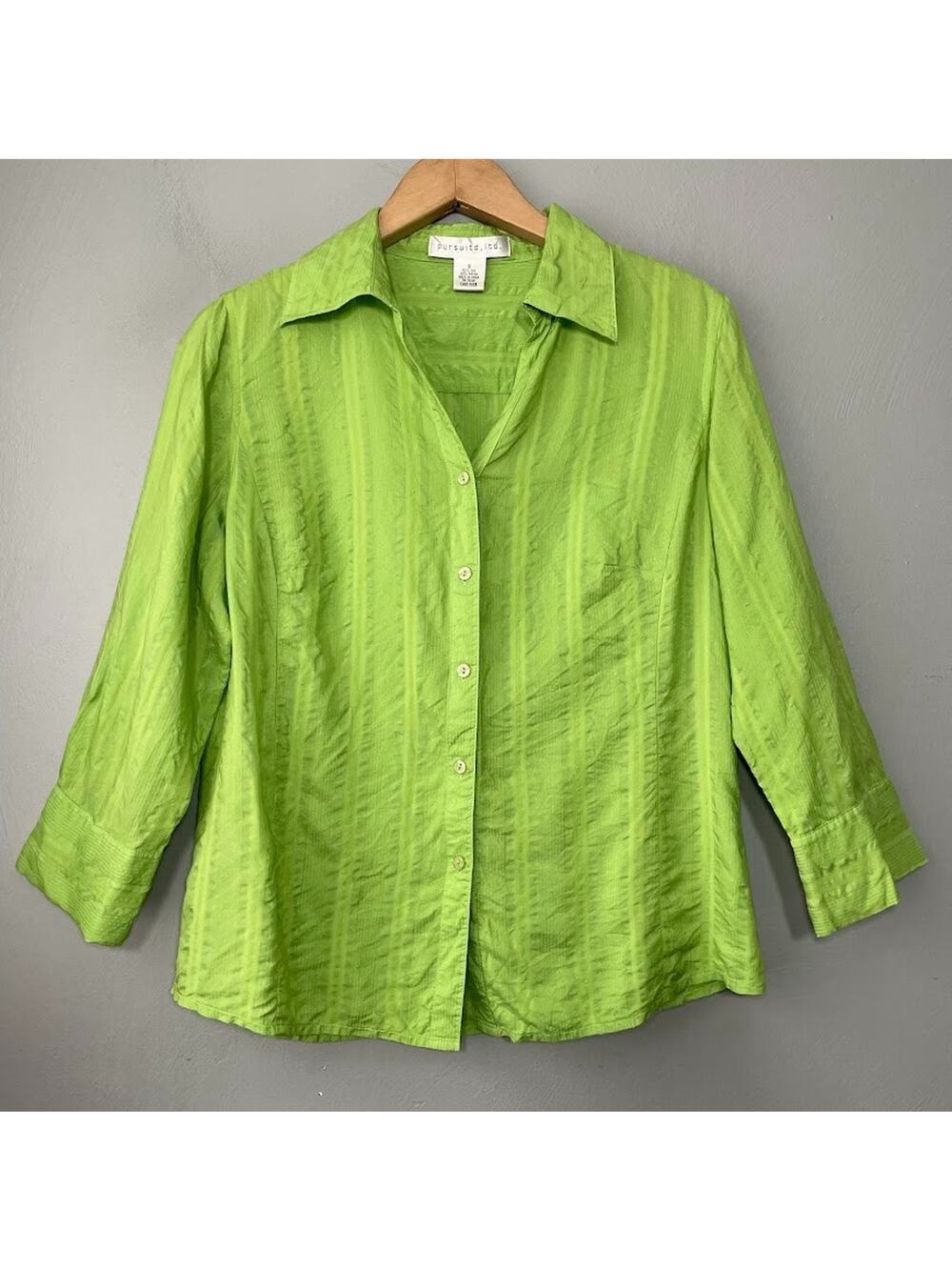 Pursuits Ltd Silk Button Up Shirt Size 8 Chartreuse Green Dopamine 90s Bright